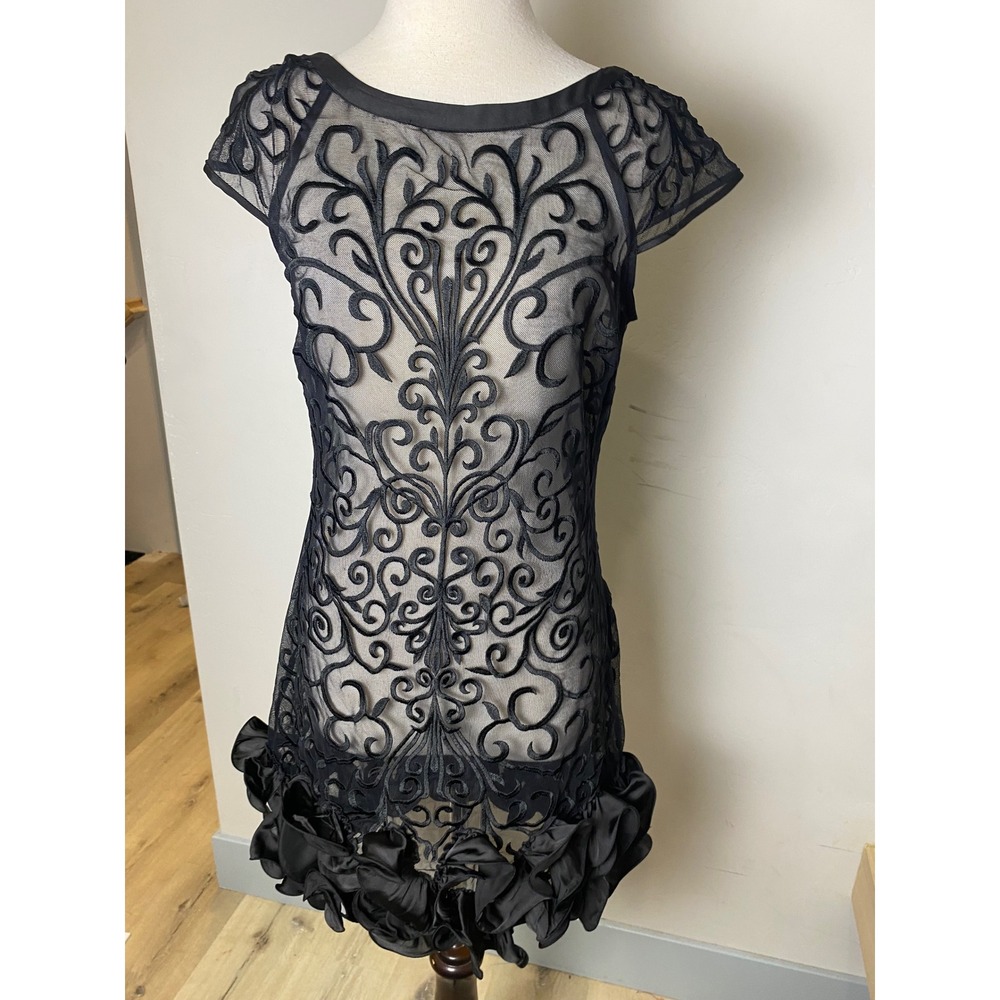 Guess Los Angeles Black Mesh Embroidered Rosette Hem Cocktail Dress 4